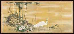 White Peafowl, Mochizuki Gyokkei (Japanese, 1874–1939), Pair of six-panel folding screens; ink, color, gold, and gold-leaf dust on silk, Japan