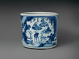 Brush holder with scene from Investiture of the Gods, Porcelain painted with cobalt blue under transparent glaze (Jingdezhen ware), China