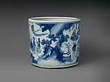 Brush holder with scene from Investiture of the Gods, Porcelain painted with cobalt blue under transparent glaze (Jingdezhen ware), China