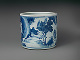 Brush holder with scene from Investiture of the Gods, Porcelain painted with cobalt blue under transparent glaze (Jingdezhen ware), China