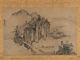 Landscape with Rocky Precipice, Sesson Shūkei (ca. 1504–ca. 1589), Hanging scroll; ink and color on paper, Japan