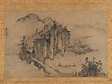 Landscape with Rocky Precipice, Sesson Shūkei (ca. 1504–ca. 1589), Hanging scroll; ink and color on paper, Japan