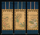 Nunobiki Waterfall, Mount Yoshino, and Tatsuta River, Kano Tsunenobu (Japanese, 1636–1713), Triptych of hanging scrolls; ink and color on silk, Japan