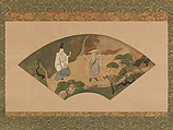 Scene from the Tales of Ise: “Mount Utsu”, Fukae Roshū (Japanese, 1699–1757), Fan mounted as a hanging scroll, Japan