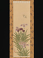 Irises and Moth, Suzuki Kiitsu (Japanese, 1796–1858), Hanging scroll; ink and color on silk, Japan