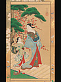 Courtesan and Attendant in Early Spring, Kakondō (Japanese, active 1716–36), Hanging scroll; ink, color and gold on paper, Japan