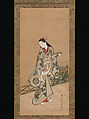 Woman on Veranda, Takizawa Shigenobu (Japanese, active 1720–40), Hanging scroll; ink and color on silk, Japan
