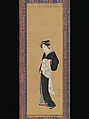 Woman in a Black Kimono, Katsukawa Shunshō 勝川春章 (Japanese, 1726–1792), Hanging scroll; ink, color, and gold on silk, Japan