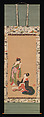 Courtesans Parodying Kanzan and Jittoku, Kinpūsha Toyomaro (Japanese, active early 19th century), Hanging scroll; ink, color and gold on paper, Japan