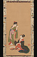 Courtesans Parodying Kanzan and Jittoku, Kinpūsha Toyomaro (Japanese, active early 19th century), Hanging scroll; ink, color and gold on paper, Japan