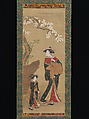 Courtesan and her Attendant under a Cherry 
Tree, Utagawa Toyoharu (Japanese, 1735–1814), Hanging scroll; ink and color on silk, Japan