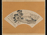 Scene from The Narrow Road to the Deep North, Yosa Buson (Japanese, 1716–1783), Folding fan mounted as a hanging scroll; ink and color on paper, Japan