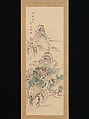 Fantastic Rocks with Cascading Waterfall; Fishing Boats by a Lake Hamlet, Aiseki (Japanese, active first half of the 19th century), Pair of hanging scrolls; ink and color on paper, Japan