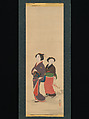 Two Women and a Puppy, Nagasawa Rosetsu 長澤蘆雪 (Japanese, 1754–1799), Hanging scroll; ink and color on silk, Japan