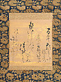 Poem by Fujiwara no Ietaka (1158–1237) on Decorated Paper with Bush Clover, Ogata Sōken (Japanese, 1621–1687), Poem card (shikishi) mounted as a hanging scroll; ink and gold on paper, Japan