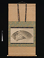 The Daoist Immortal Liezi Flying on a Cloud, Kano Yukinobu 狩野之信 (Japanese, ca. 1513–1575), Fan-shaped painting mounted as a hanging scroll; ink on paper, Japan