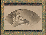 The Daoist Immortal Liezi Flying on a Cloud, Kano Yukinobu 狩野之信 (Japanese, ca. 1513–1575), Fan-shaped painting mounted as a hanging scroll; ink on paper, Japan