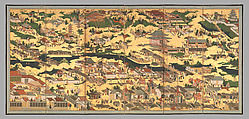 Scenes in and around the Capital, Pair of six-panel folding screens; ink, color, gold, and gold leaf on paper, Japan