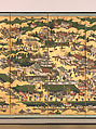 Scenes in and around the Capital, Pair of six-panel folding screens; ink, color, gold, and gold leaf on paper, Japan