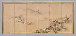 Landscapes of the Four Seasons, Kano Tan'yū (Japanese, 1602–1674), Pair of six-panel folding screens; ink and color on paper, Japan