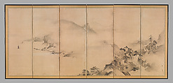 Landscapes of the Four Seasons, Kano Tan'yū (Japanese, 1602–1674), Pair of six-panel folding screens; ink and color on paper, Japan