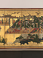 Amusements in a Mansion, Pair of six-panel folding screens; ink, color, gold, and gold leaf on paper, Japan