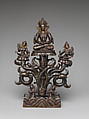 Amitayus Trinity, Copper alloy with traces of gold paint, inlaid with silver and gold, Tibet