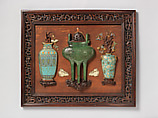 Panel with “hundred antiques”, Cloisonné enamel, jade, wood, China