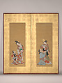 Shirabyōshi Dancer and Female Servant; Courtesan and Girl Attendant, Tsukioka Settei (Japanese, 1710–1786), Hanging scroll paintings, remounted as a two‑panel folding screen; ink, color, and gold on silk, Japan