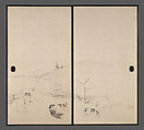 Puppies in the Snow, Nagasawa Rosetsu 長澤蘆雪 (Japanese, 1754–1799), Set of four sliding panels mounted as a pair of two-panel screens; ink and color on paper, Japan