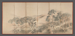 Woodcutters and Fishermen, Matsumura Goshun (Japanese, 1752–1811), Pair of six-panel folding screens; ink and color on paper, Japan
