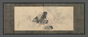 Rock and Waves, Maruyama Ōkyo 円山応挙 (Japanese, 1733–1795), Two-panel folding screen; ink and color on paper, Japan