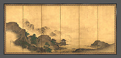 Landscape with Pavilion, Mori Shūhō (Japanese, 1738–1823), Pair of six-panel folding screens; ink, color, gold flecks, and gold leaf on paper, Japan