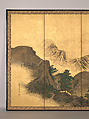 Landscape with Pavilion, Mori Shūhō (Japanese, 1738–1823), Pair of six-panel folding screens; ink, color, gold flecks, and gold leaf on paper, Japan