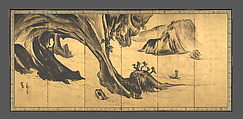 Landscapes with the Chinese Literati Su Shi and Tao Qian, Nagasawa Rosetsu 長澤蘆雪 (Japanese, 1754–1799), Pair of six-panel folding screens; ink and gold leaf on paper , Japan