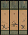 Zen Master with Meditation Staff, and Chinese-Style Landscapes, Painting by Unkoku Tōeki (Japanese, 1591–1644), Set of three hanging scrolls; ink on paper, Japan