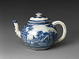 Teapot with Landscape, Design attributed to Olfert Dapper (Dutch, 1635–1689), Porcelain painted with cobalt blue under transparent glaze (Jingdezhen ware), Japan