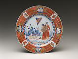 Dish Depicting Lady with a Parasol, Design attributed to Cornelis Pronk (Dutch, Amsterdam 1691–1759 Amsterdam), Porcelain painted with cobalt blue under and colored enamels over transparent glaze (Hizen ware; Imari type), Japan