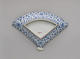 Fan-Shaped Dish, Porcelain painted with cobalt blue under and colored enamels over transparent glaze (Hizen ware; Imari type), Japan