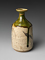 Sake Bottle (Tokkuri) with Decoration of Three-Leaf Arrowhead, Stoneware with underglaze iron, copper-green glaze, and incised decoration (Mino ware, Oribe type), Japan