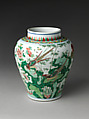 Jar decorated with rock, peonies, and birds, Porcelain painted in underglaze cobalt blue and overglaze enamels (Jingdezhen ware), China