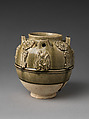 Jar with floral decorations and musicians, Stoneware with applied decoration under celadon glaze, China