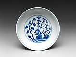 Dish with Three Friends of Winter, Porcelain painted with cobalt blue under transparent glaze (Jingdezhen ware), China