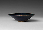 Tea Bowl with Crescent Moon, Clouds, and Blossoming Plums, Stoneware painted with white slip on brown glaze (Seto ware), Japan