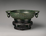 Bowl with Square Handles, Nephrite, spinach-green with black specks and mottlings of brown clouds, China