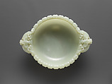 Bowl with handles, Nephrite, white with very light greenish tint, China