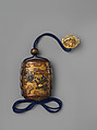 Inrō with Shells and Seaweeds amid Rocks and Waves, Inrō: four cases; lacquered wood, gold and silver takamaki-e, hiramaki-e, togidashimaki-e, cutout gold foil application, silver inlay on gold ground; metal cord runners; ojime: copper with mixed-metal inlay and gilded details; netsuke: carved ivory, Japan
