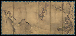 Gibbons in a Landscape, Sesson Shūkei 雪村周継 (ca. 1504–ca. 1589), Pair of six-panel screens; ink on paper, Japan