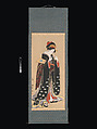 Woman with Battledore and Shuttlecock, Torii Kiyotomo (Japanese, active early 19th century), Hanging scroll; ink, color and gold on paper, Japan
