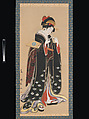 Woman with Battledore and Shuttlecock, Torii Kiyotomo (Japanese, active early 19th century), Hanging scroll; ink, color and gold on paper, Japan